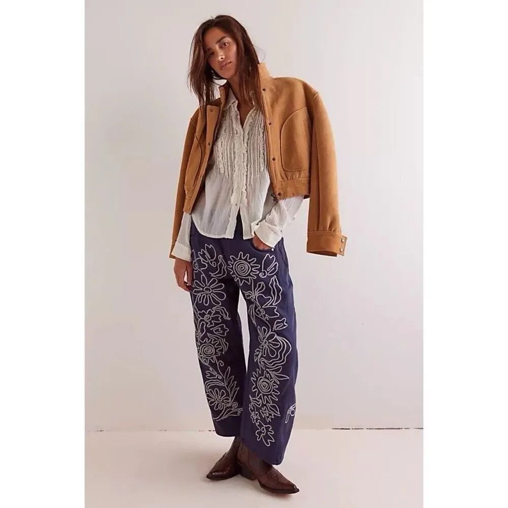 Free People Good Luck Soutache Barrel Jeans  Size 27S Mood Indigo NWT